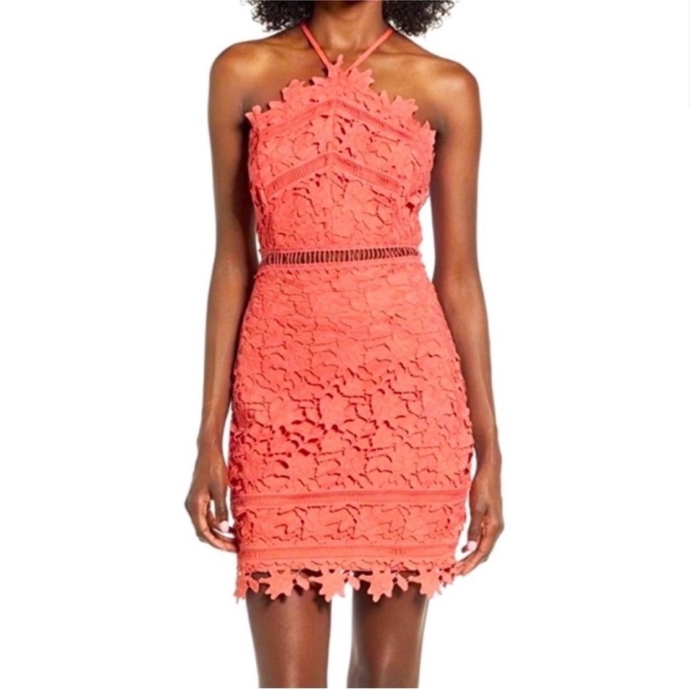 ASTR Coral Lace Halter Mini Dress